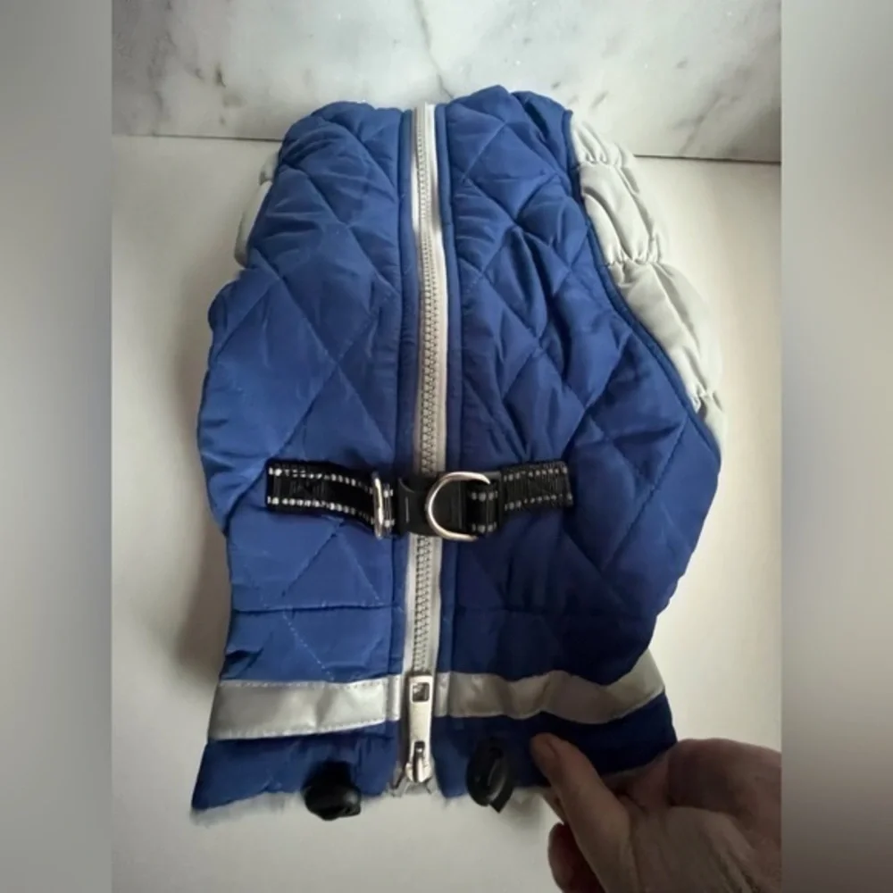 Dog Jacket Size S color blue, gray, and silver with loops for leash